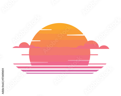 Vibrant sunset over calm water with stylized clouds creating a retro aesthetic and peaceful atmosphere