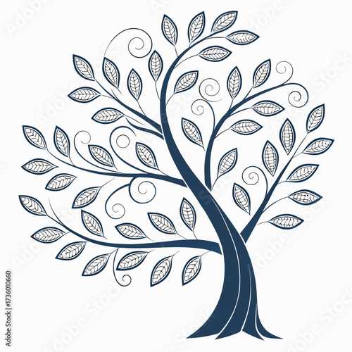 Stylized dark blue tree with intricate swirling branches and detailed leaves on a clean white background elegant nature illustration