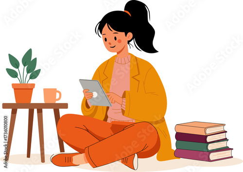 Modern illustration of a young woman sitting on the floor with tablet, books, coffee and plant. Cozy lifestyle design for education, e-learning, reading, digital learning, or relaxation themes.