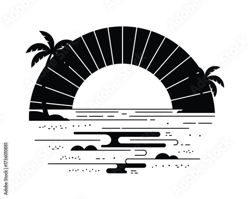 Stylized silhouette of a tropical archway bridge with palm trees and reflecting water in black and white