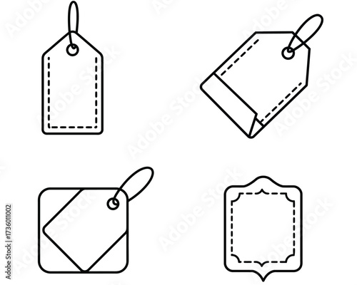 Set of four hand drawn sketch style price tags and labels with string for retail sale and product information