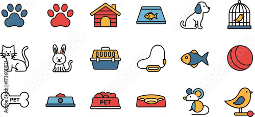 Colorful Flat Design Pet Animal Care Element Item Icon Set