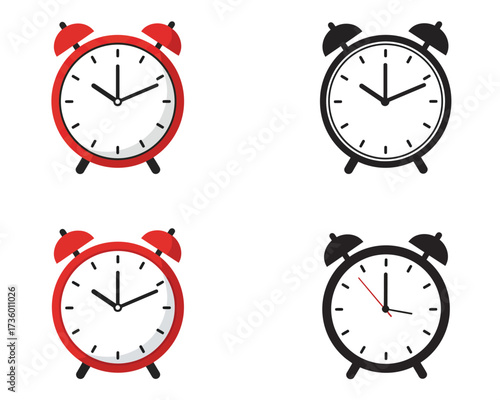 Four vintage style alarm clocks two in red and two in black silhouette displayed on a white background