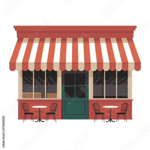 Charming red and white striped awning over a cafe storefront with outdoor seating and a green door technology background