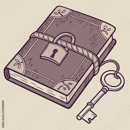 Vintage locked diary with ornate cover and a vintage key lying beside it on a neutral background