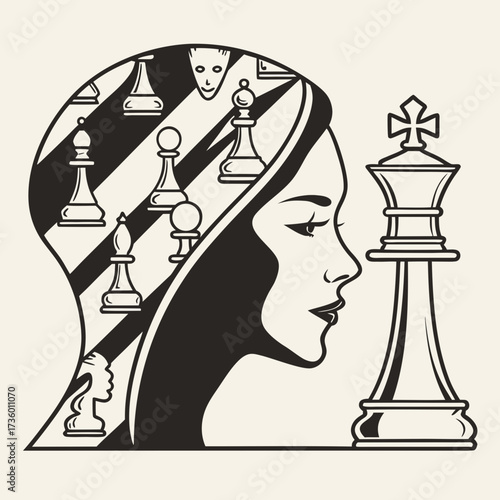 Woman s profile silhouette filled with chess pieces symbolizing strategic thinking and intellectual prowess next to a king piece