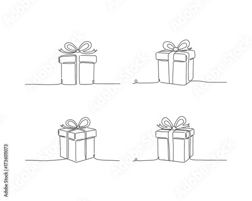 Four hand drawn sketch style gift boxes with ribbons and bows presented on a white background in a grid layout