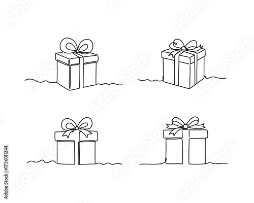 Four hand drawn sketch style gift boxes with ribbons and bows on a white background minimalist design