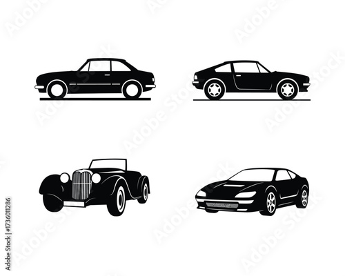 Collection of four black silhouette vector illustrations of classic and modern sports cars viewed from the side and front
