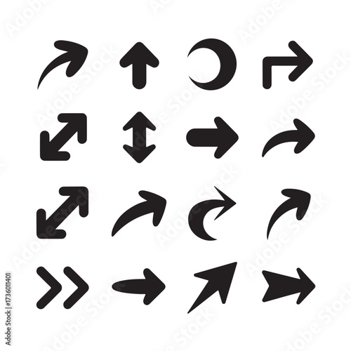 Collection of black arrow icons pointing in various directions isolated on a white background technology background