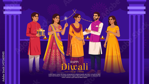 Family and Friends Lighting Diyas Together - Joyful Diwali Festival Gathering