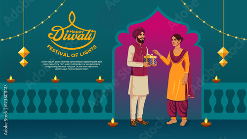 Couple Exchanging Gifts During Diwali - Festival of Lights Greeting Illustration