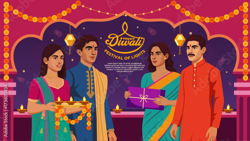 Group of Friends Lighting Sparklers - Fun Diwali Celebration Vector Illustration