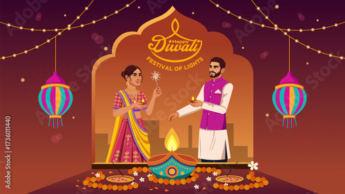 Traditional South Indian Couple Lighting Diyas - Cultural Diwali Festival Illustration