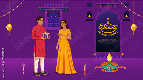 Couple Standing Near Festive Lanterns and Diyas - Diwali Celebration Background