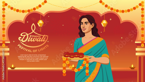 Elegant Woman in Saree with Garland and Diyas - Diwali Festival of Lights Background