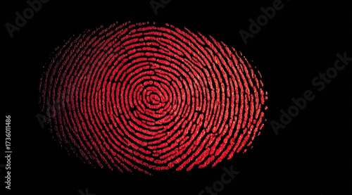 A vivid red fingerprint impression,  crisp and circular, against a dark background