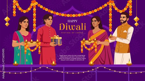Family Decorating Home with Garlands and Diyas - Joyful Diwali Festival Scene