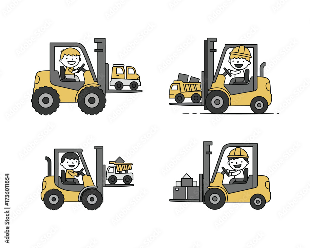 Fototapeta premium Four cartoon illustrations of happy construction workers operating yellow forklifts to move various loads in a warehouse or construction site setting