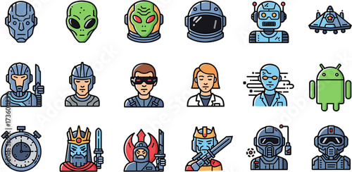 Bold Line Art SciFi Characters and Items Avatar Icon Collection