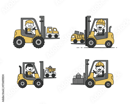 Four cartoon illustrations of happy construction workers operating yellow forklifts to move various loads in a warehouse or construction site setting