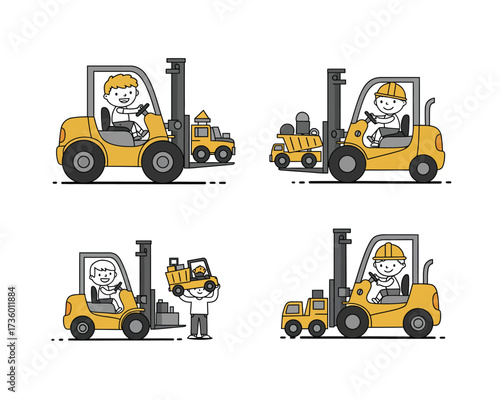 Cartoon illustration of four different forklift trucks with happy drivers wearing hard hats in various poses and actions on a white background