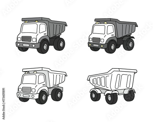Four hand drawn illustrations of heavy duty dump trucks in different angles and perspectives on a white background