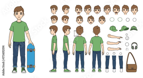 Young Boy Character Design Elements Collection for Animation and Games with Skateboarding and Accessories