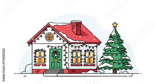 Snow-Covered House Decorated with Christmas Lights and a Festive Outdoor Tree