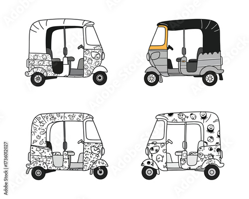Collection of four hand drawn sketch illustrations of auto rickshaws or tuk tuks in different perspectives and styles on a white background