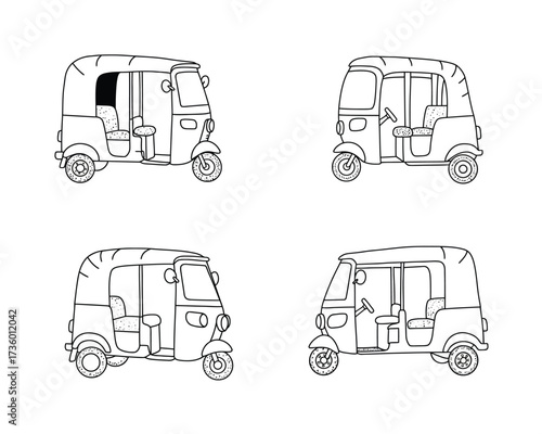 Four hand drawn sketch illustrations of auto rickshaws or tuk tuks in different angles on a white background