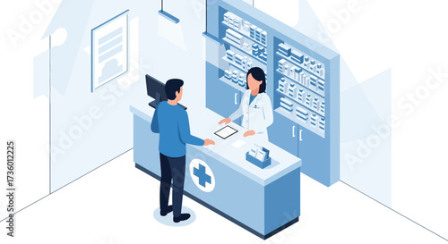 Customer Interaction With Pharmacist At Prescription Counter Discussing Health Services And Medications In Modern Pharmacy Setting