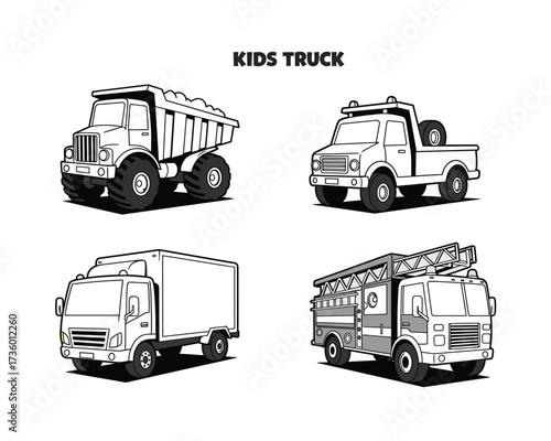 Four different types of cartoon trucks for kids including a dump truck pickup truck box truck and fire truck