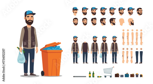 Character Design Sheet for a Homeless Man Collection of Various Body Parts and Accessories for Animation and Game Development