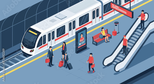 Modern public transportation station with people using escalators and waiting for a train on the platform