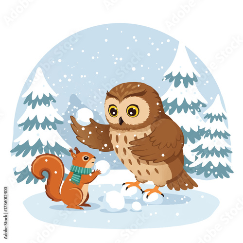 A playful owl and small squirrel enjoy a vibrant flat 2D vector snowball fight, with snow flying around them in a pristine winter landscape, illustrating pure winter joy.