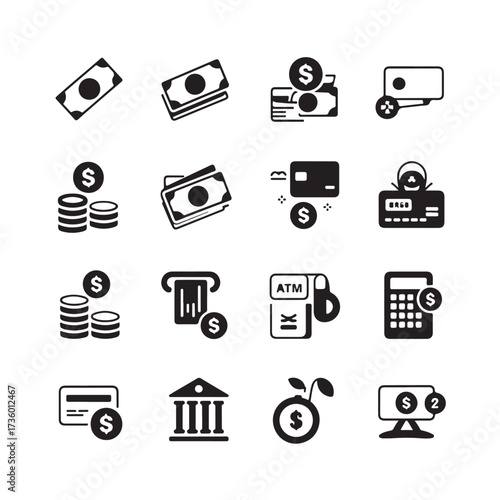Collection of financial icons including money, coins, credit cards, atm, bank, and calculator isolated on white background technology background