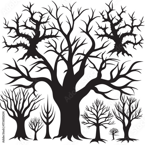 Silhouetted bare trees stand starkly against an