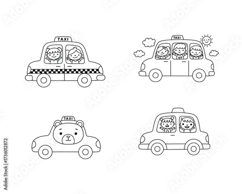 Whimsical hand drawn outline illustrations of four cute cartoon taxis with happy passengers and animals enjoying rides