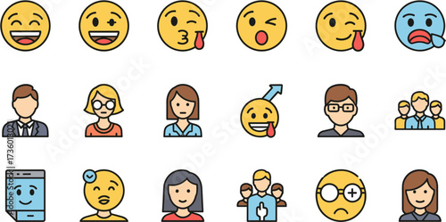 Modern Line Style Diverse Social Emoji and People Icon Set Collection