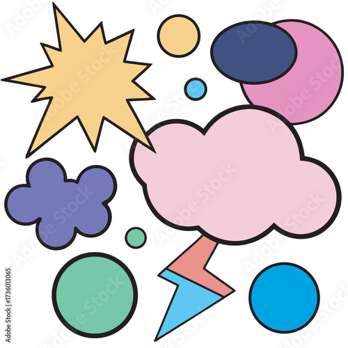 Colorful cartoon weather icons with cloud and lightning