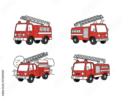 Four distinct cartoon illustrations of red fire trucks with ladders showcasing different angles and simple backgrounds for design elements