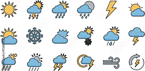 Simple Outline Weather Forecast Condition Symbol Icon Set on White Background