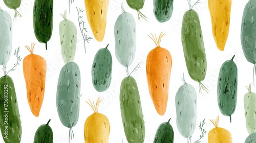 Seamless pattern of different types of cucumbers and carrots. the cucumbers are of different sizes and shapes, with some being green, some being orange, and some being yellow.