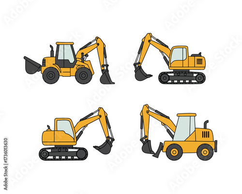 Set of four yellow excavator construction vehicles with different tracks and wheels for building and digging projects