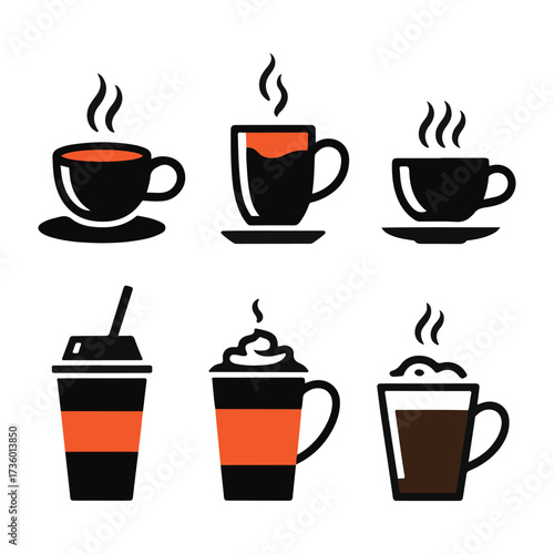 Collection of six coffee cup icons with steam, isolated on white background technology background