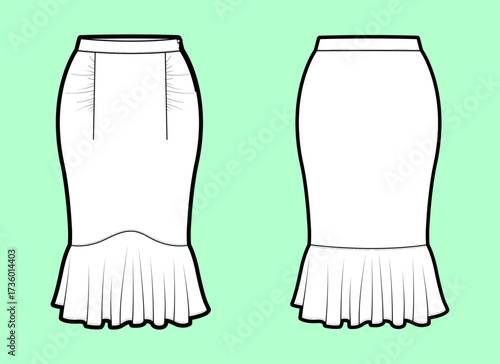 Shaped Yoke Pencil Skirt with Darts and Gathered Flounce Hem Technical Flat Sketch