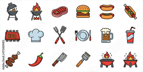 Colorful Line Art BBQ Grill Food Preparation Icon Element Collection