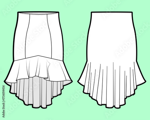 Paneled Hi-Low Hem Skirt with Mermaid Silhouette and Gathered Flounce Technical Flat Sketch