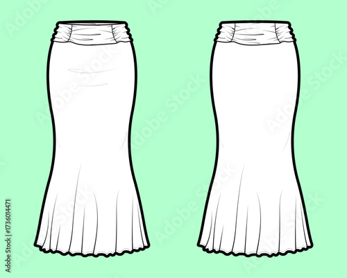 Maxi Mermaid Skirt with Shirred Elasticised High Waistband Technical Flat Sketch